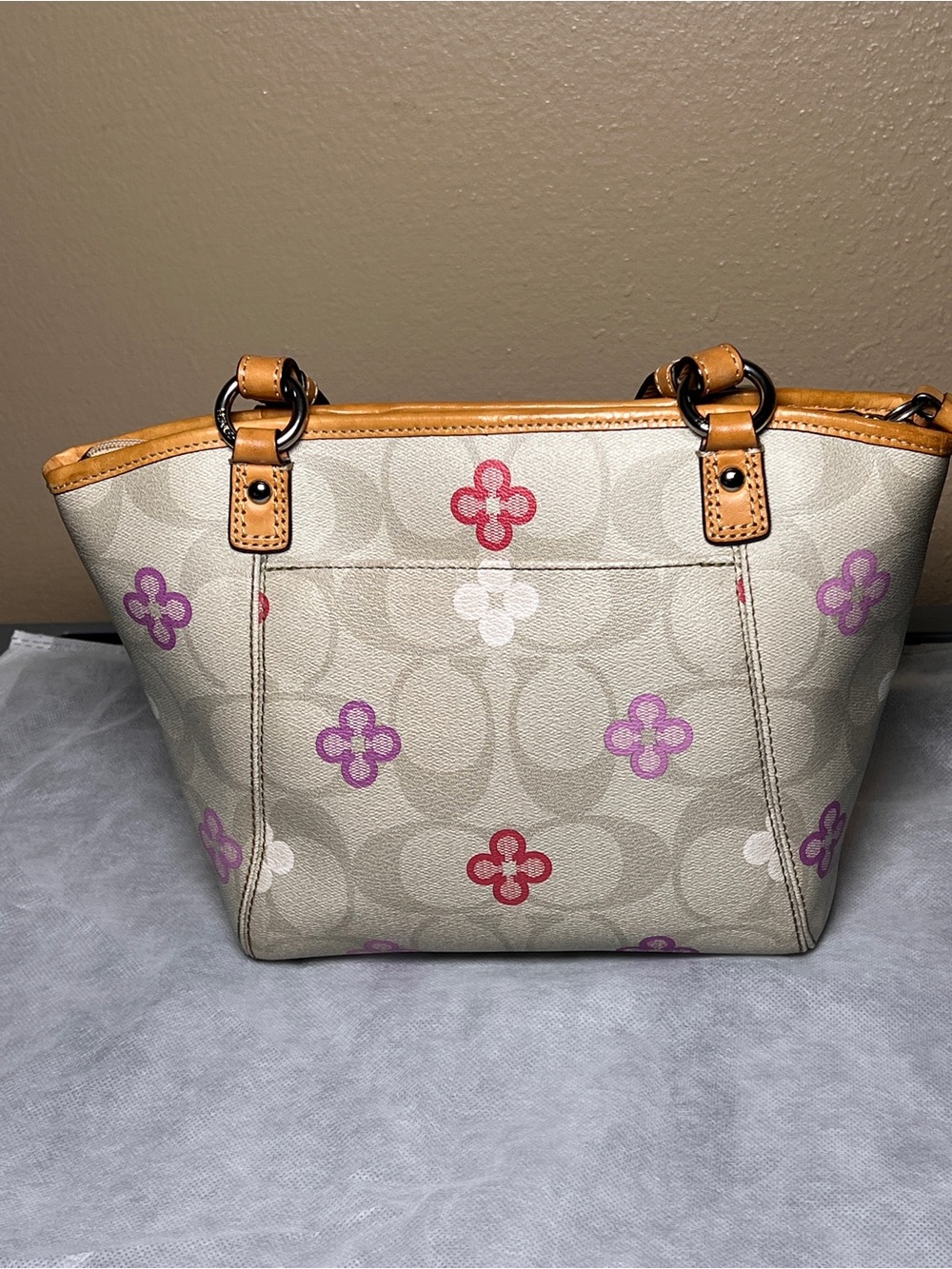 Coach Peyton Signature Canvas Tote in Purple and Pink Floral Print and Tan Trim - Picture 5 of 16